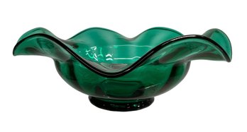 Antique Or Vintage Ruffled Hand Blown Pontil Art Glass Bowl Deep Aqua Green