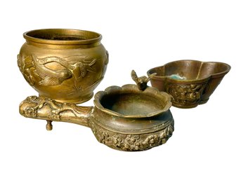 Trio Of Vintage Or Antique Brass Or Bronze Vessels