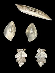 Two Pairs Of Sterling Screw Back Earrings And Peapod Brooch