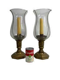 Large Pair Of Modern Brass Steel And Glass Candleholders
