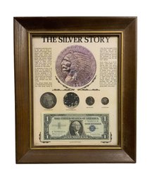 The Silver Story Framed Set Of Coins And Silver Certificate Morgan Silver Dollar 1885 Mercury Dime Etc