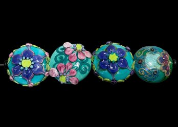 Four Lamp Work Art Glass Floral Turquoise Beads