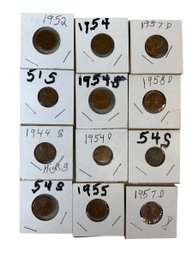 Lot Of Twelve Lincoln Wheat Pennies Old Coins 1950s And 1944 S High S Mint Mark