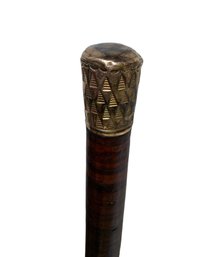 Antique Stacked Leather Cane With Gold Plated Handle