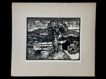 Pencil Signed C.H. Richert Vermont Covered Bridge Linoleum Cut Print