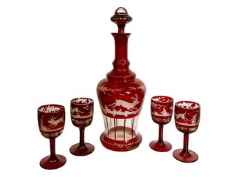 Bohemian Cut To Clear Cordial Glasses And Decanter