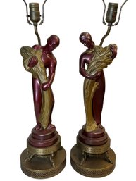 Pair Of Mid Century Modern Lamps With Male And Female Figures Holding Wheat Sheaths