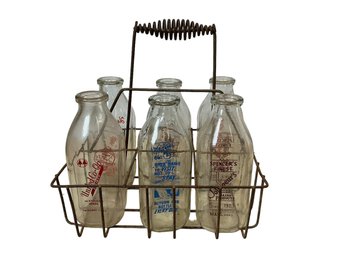 Vintage Milk Bottles And Steel Wire Carrier Greenwood Dairy Jolicoeurs Shady Oaks Laurel Hill