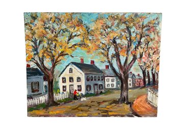 Colorful Folk Art Painting Of An New England Autumn Street Scene Oil On Board Unsigned