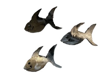 Three Small Steel Sculptures Of Happy Fish Folk Art