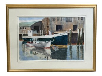 Vintage Watercolor Of Gloucester Or Rockport Harbor With Boats At Dock Signed Walker 97