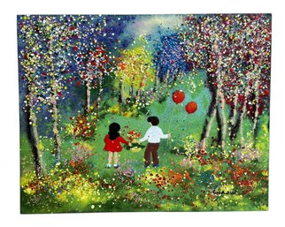 Vintage Enamel On Copper Panel Art By Louis Cardin French Artist Children With Red Balloons In Forest