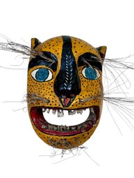 Large Primitive Painted Wooden Mexican Jaguar Mask With Real Teeth ?