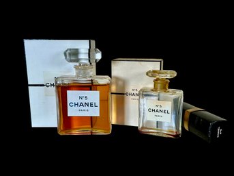 Two Small Vintage Chanel No 5 Opened Perfume Bottles Plus Small Purse Atomizer