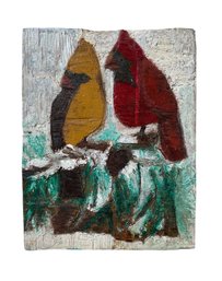 Robert T McKinney Outsider Artist Carved And Painted Wooden Plaque Of Cardinals In Winter