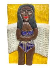 Folk Art Carved And Painted Wood Panel Of Happy Woman In Bathing Suit