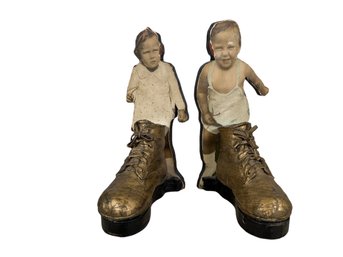 Vintage Folk Art Home Made Assemblage Bookends Baby Shoes And Baby Picture Cutouts