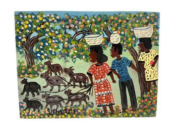 Vintage Folk Art Haitian Oil On Canvas Of Harvest Scene Indistinctly Signed