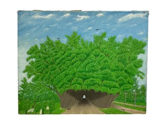 Strange Folk Art Painting Of Tree Tunnel And Road Unsigned Oil On Canvas