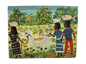 Vintage Haitian Painting On Canvas Of Fruit Harvest Signed Jerard