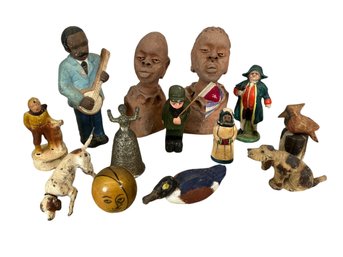 Lot Of Small Antique And Vintage Figurines Terra Cotta Carved Wood People Animals Etc Funky