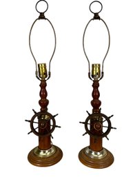 Pair Of Vintage Wood And Metal Ship Wheel Decorated Table Lamps