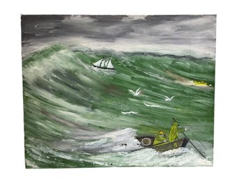 Vintage Folk Art Acrylic On Board Of Fishermen Rescuing Schooner In Storm Unsigned