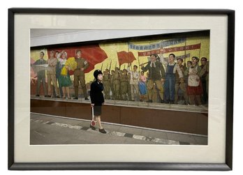 Original Color Photograph Of North Korea Female Train Attendant Under Kaeson Station Heroic Communist Mural