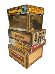 A Stack Of Five Vintage Decorative Cigar Boxes