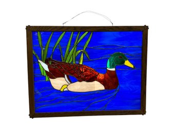 Stained Glass Panel Of Swimming Mallard Duck