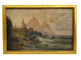 Antique 1904 Oil On Canvas Painting Of Ship Wreck By Gloucester Artist Annie L Hiltz