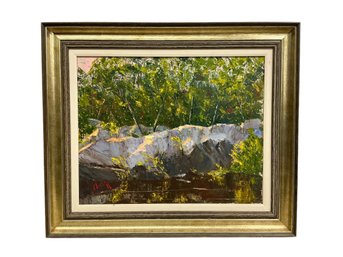 Oil On Canvas Mid Century Modern Painting Of Quarry In Gloucester MA Signed Mitchell