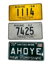 Three Vintage License Plates Maine Tractor 1956 And 1962 New Hampshire Ahoye 1975