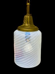 Vintage Cylinder Light Fixture With Opalescent Stripe Glass Shade Globe