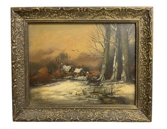 Antique Oil On Panel Of New England Winter Scene Indistinctly Signed