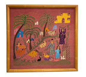 Vintage Framed Needlework Of Middle Eastern Village With People And Animals