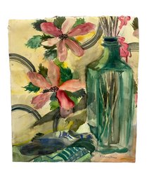 Vintage Decorative Watercolor Of Floral Still Life By F Louise Aines