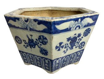 Vintage Chinese Blue And White Porcelain Hexagonal Planter