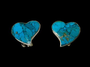 Funky Turquoise Heart Sterling Clip Back Earrings