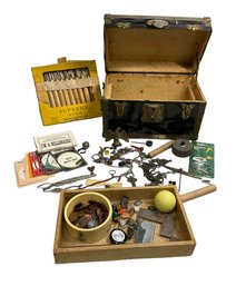 Miniature Steamer Trunk With Vintage Grab Bag Misc Items Metal Pieces Wood Carving Set Millionaire Card Game