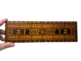 Antique Wood Inlay Cribbage Board