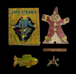 Vintage 1930s Toys And Pieces Tin Litho Jack Straws Game Cover Wooden Clown Target