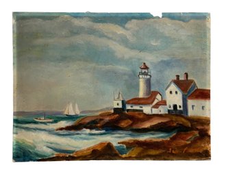 Vintage Folk Art Oil On Canvas Of Lighthouse And Boats Indistinctly Signed