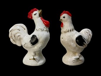 Antique Rooster And Hen Porcelain Salt And Pepper Shakers