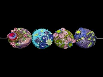 Four Multicolor Floral Lamp Work Glass Beads