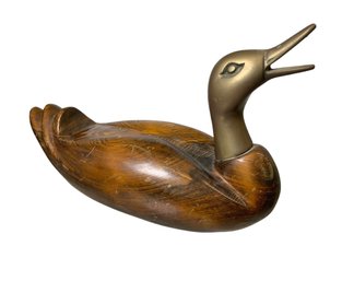 Vintage Brass And Wood Carved Duck