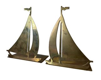 Pair Of Vintage Brass Sailboat Bookends