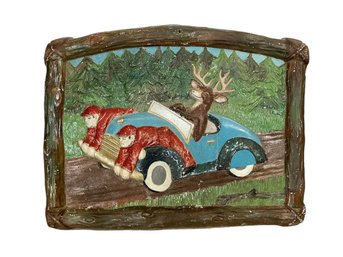 Vintage 40s Or 50s Heavy Aluminum Plaque Of Humorous Deer And Hunter Scene