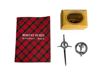 Antique And Vintage Scottish Items Mauchline Galashiels Box Robert Burns Birthday Book Kilt Pins Strachan