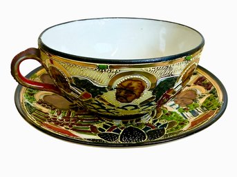 Vintage Japanese Moriage Teacup And Saucer With Immortals Decoration